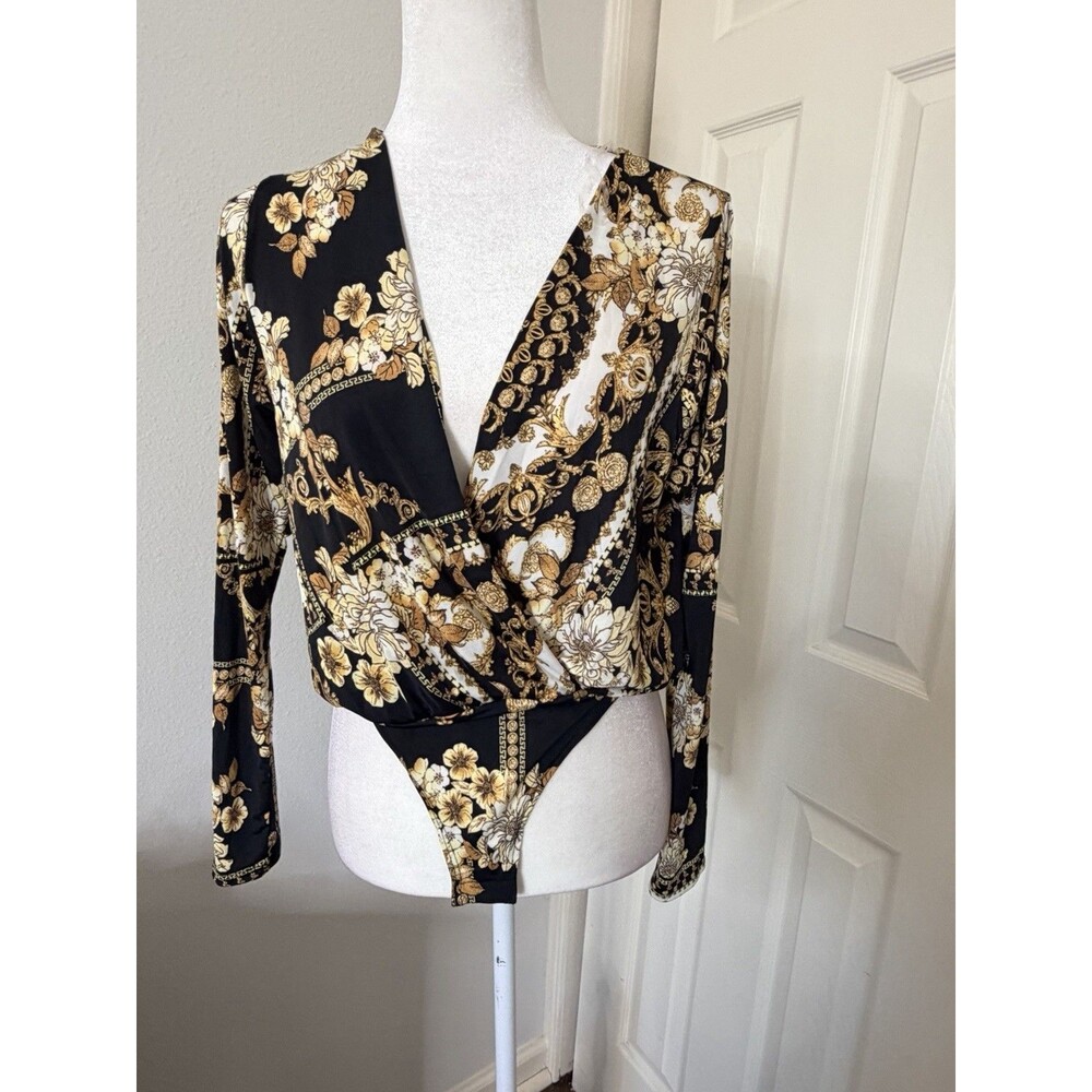 Day G Women's Black Multicolor Designer Inspired Bodysuit  V-Neck  Long Sleeve L